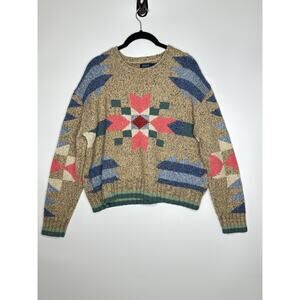 Polo Ralph Lauren Sweater Womens Medium Beige Aztec Geo Knit Pullover Wool Blend